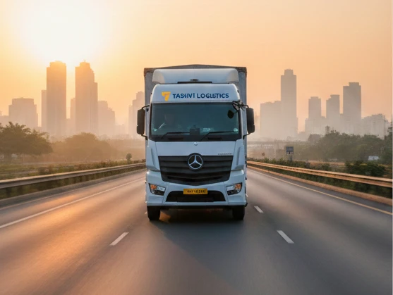 A modern logistics truck driving on a regional highway in the Delhi NCR region